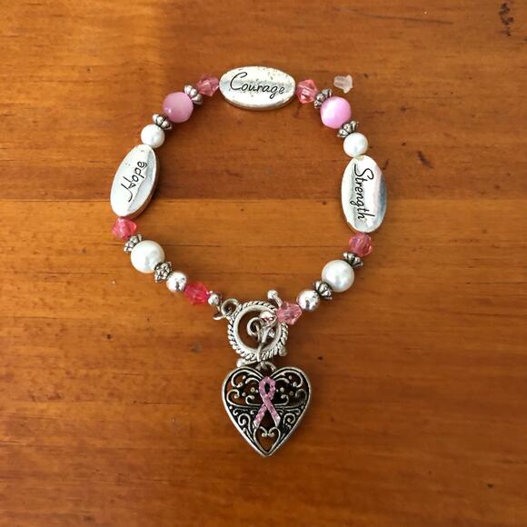 Pink Ribbon Hope Strength Courage Charms Sterling Silver Plated Bracelet - Picture 2 of 6